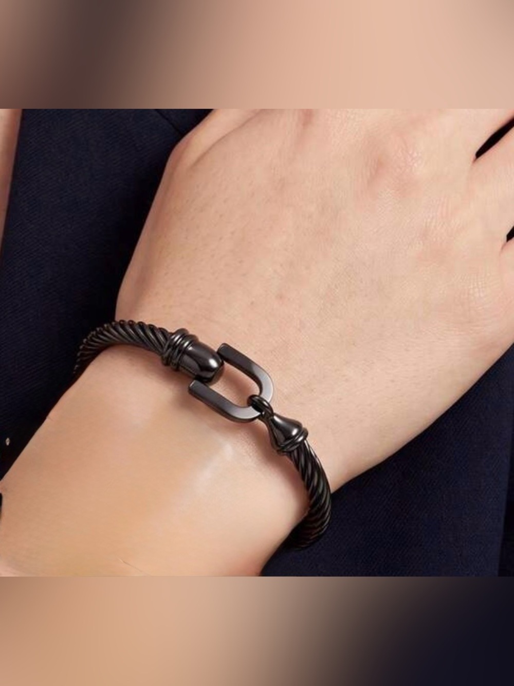 Western Horseshoe Bangle Black Twisted Cable Bracelet with Hook Clasp
